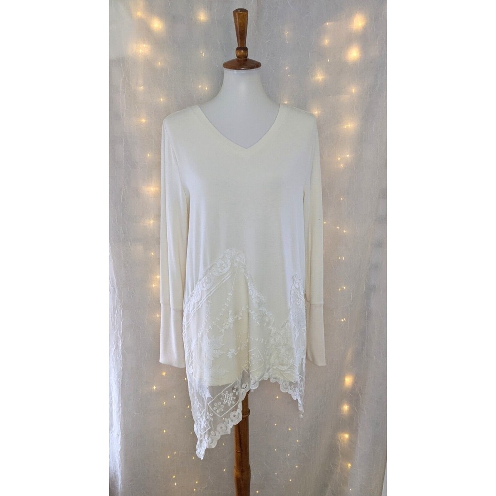 Soft Surroundings L Ivory Waterfall Lace Sweater Tunic Blouse Asymmetrical Boho